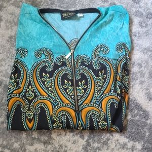 Bob Mackie Paisley print, zip v neck, 1XL